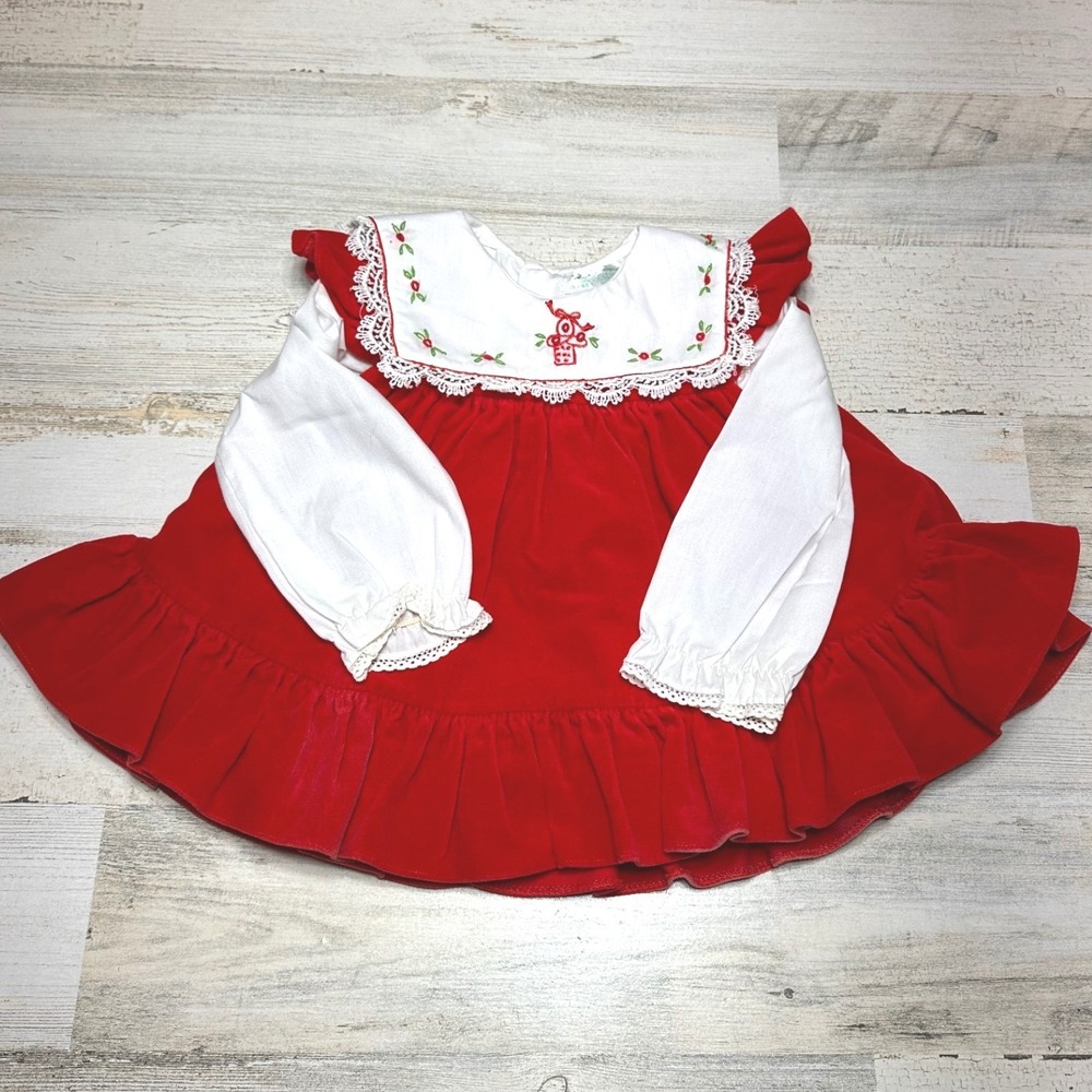 Tiny Tots Original Velvet Dress Kids 12M Red White Vintage Embroidered Lace Trim